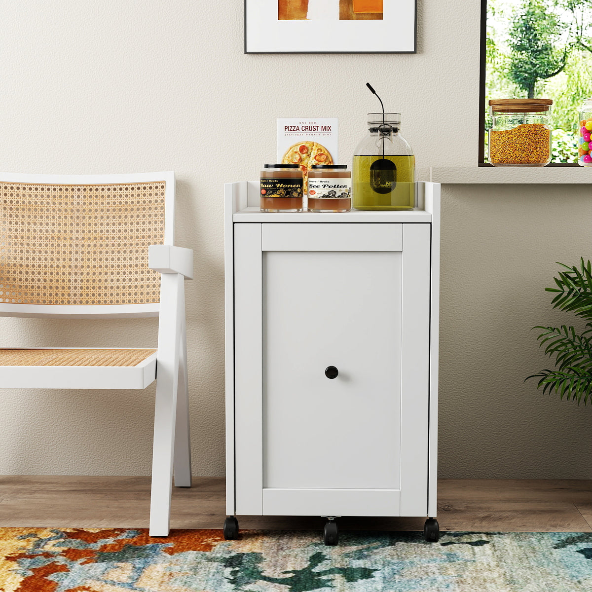 White Rolling Pantry Cabinet with Pull-Out Storage — view 1