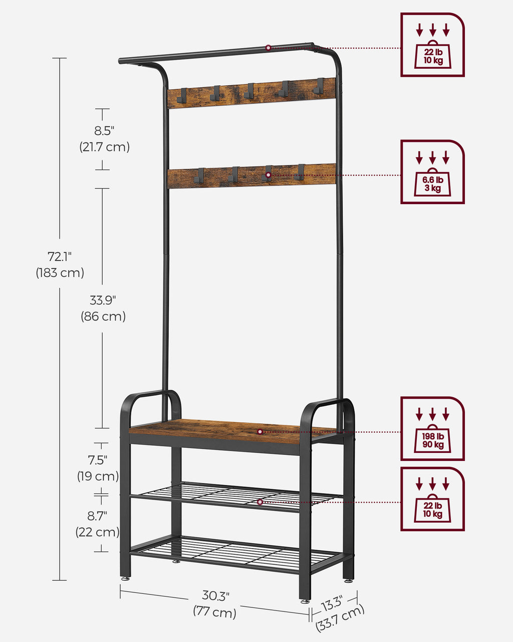 Rustic Brown Hall Tree with Shoe Bench and Nine Hooks — view 4