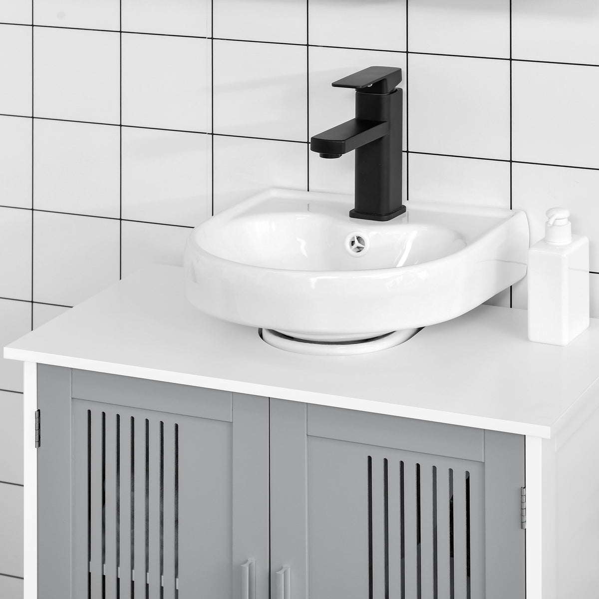 Gray and White Pedestal Sink Storage Cabinet — view 6