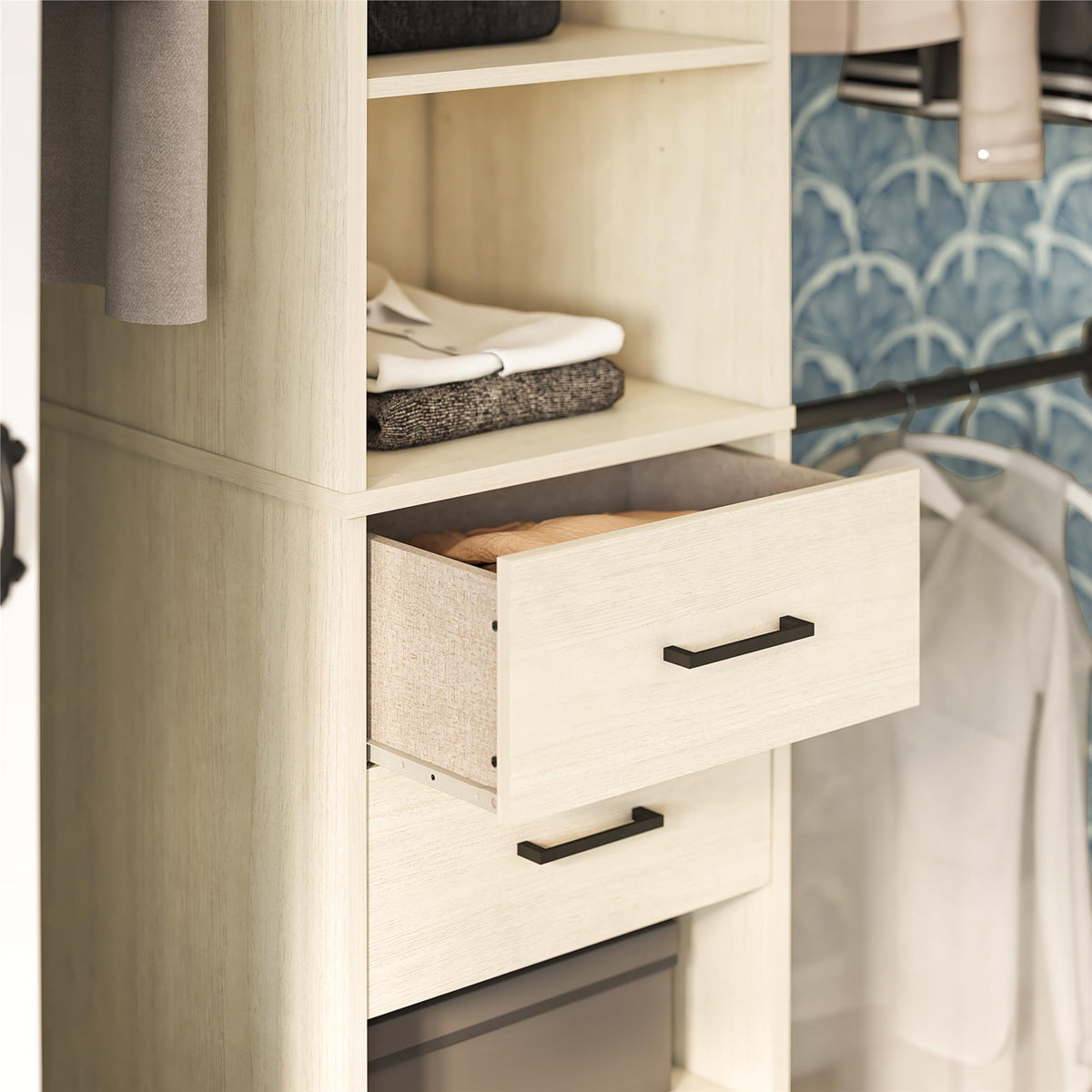 Ivory Closet Tower with Drawers and Adjustable Hanging Rods — view 7