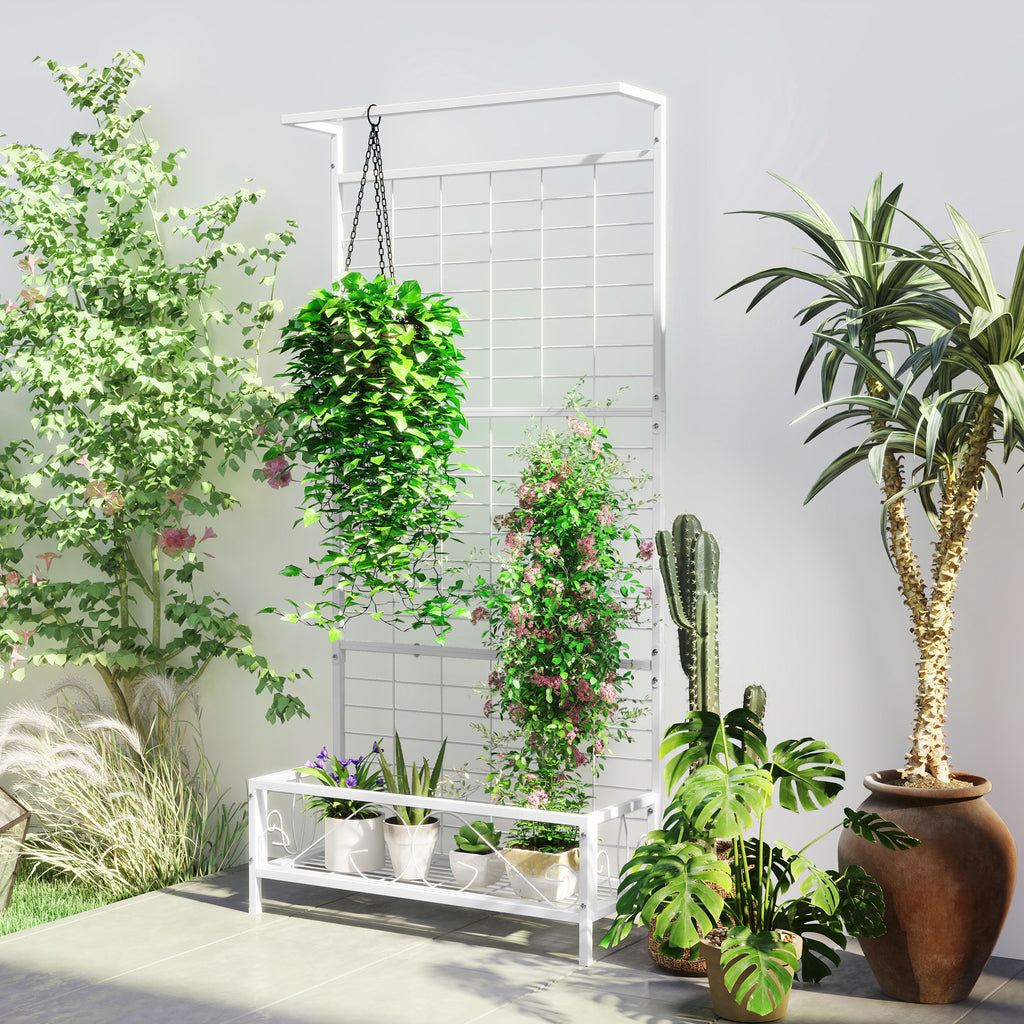 White Steel Plant Stand with Trellis and Hanging Bar — view 1