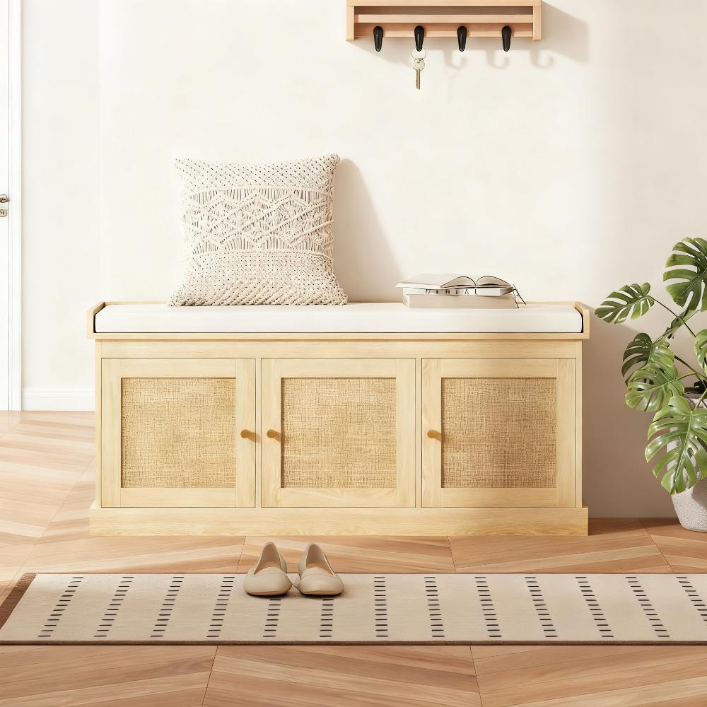 Oak-Tone Shoe Bench with Woven Doors and Cushion — view 7