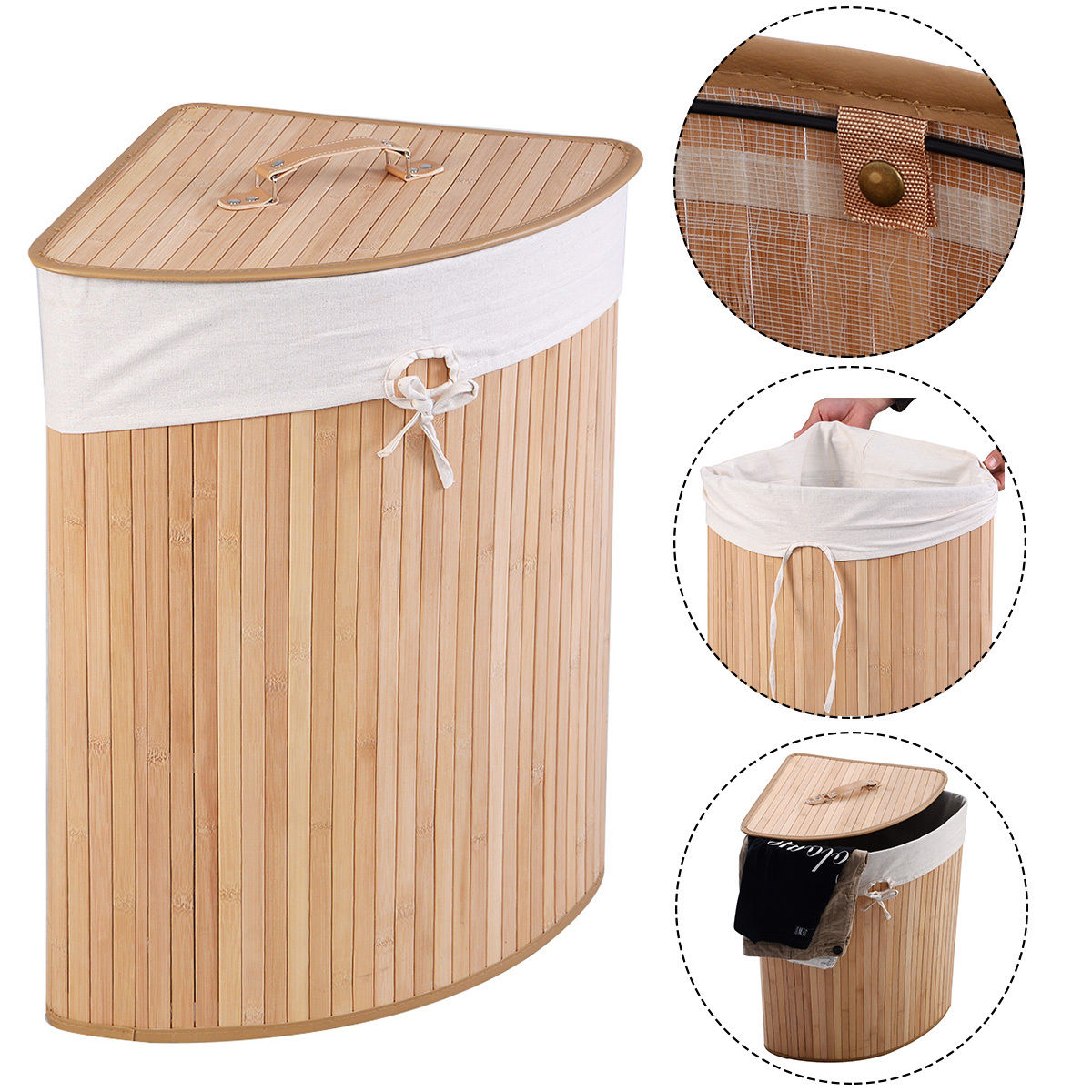 Corner Bamboo Laundry Hamper with Removable Liner