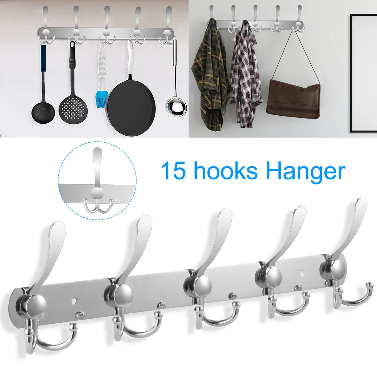 15-Hook Stainless Steel Wall Rack