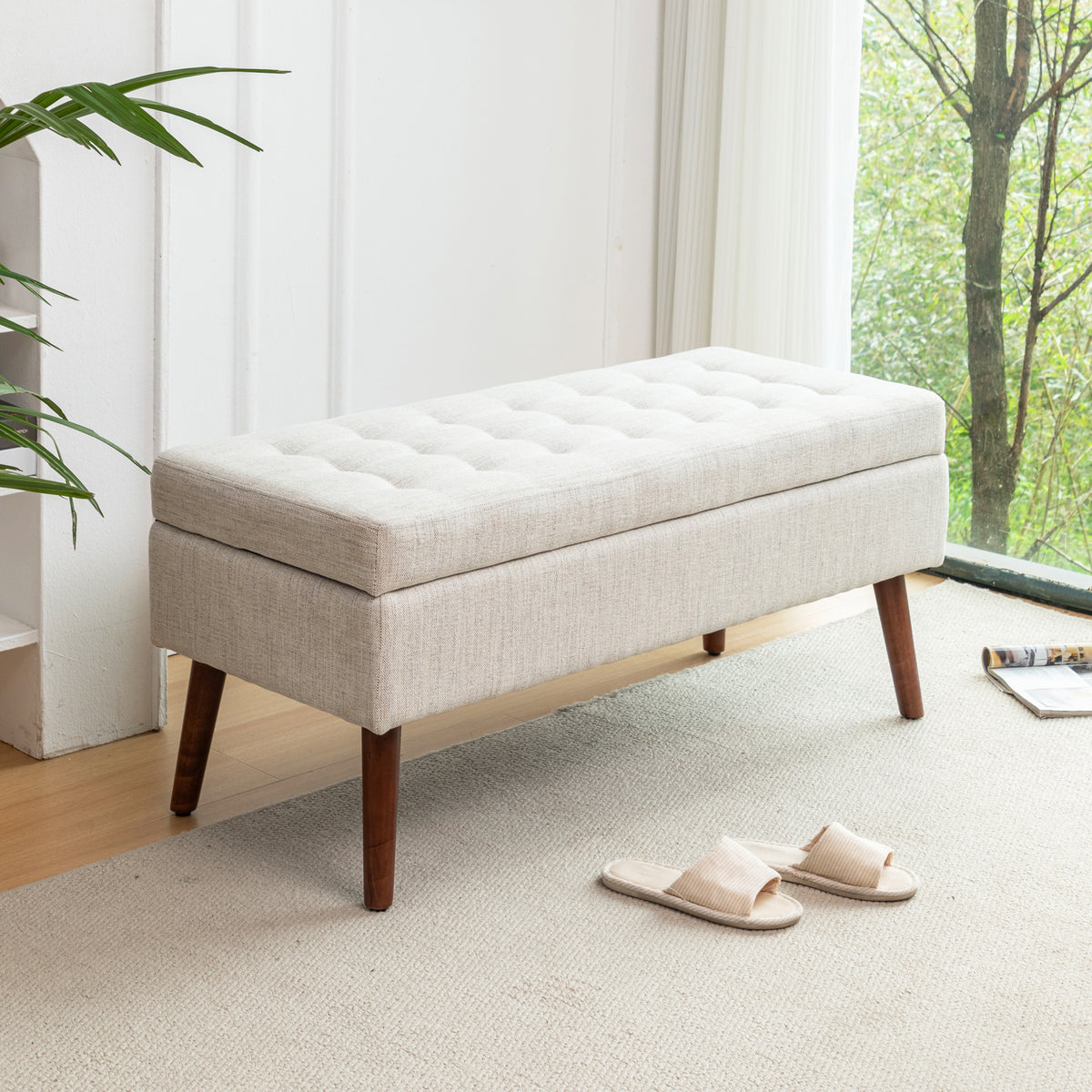 Ivory Upholstered Storage Bench with Wood Legs — view 4