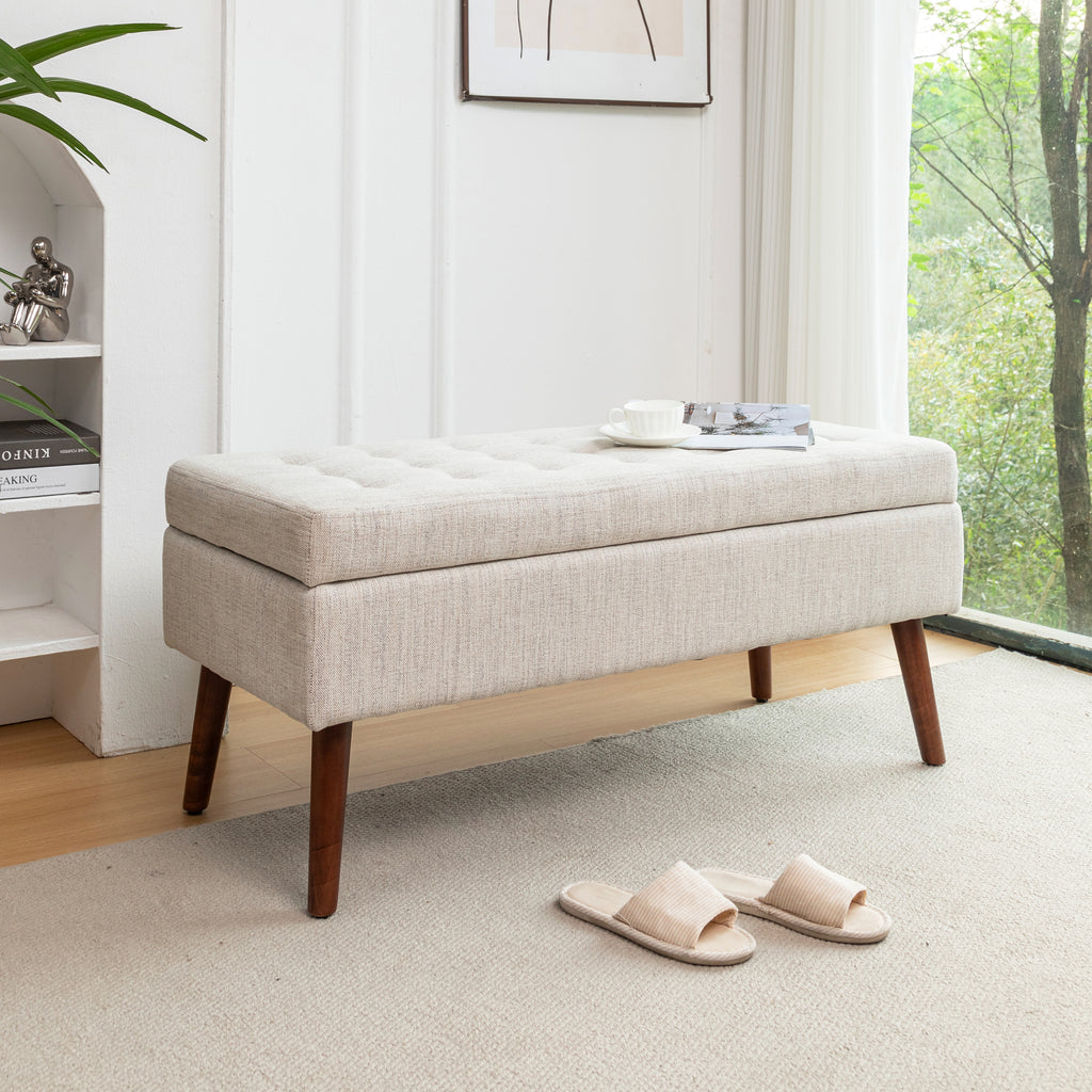 Ivory Upholstered Storage Bench with Wood Legs — view 1