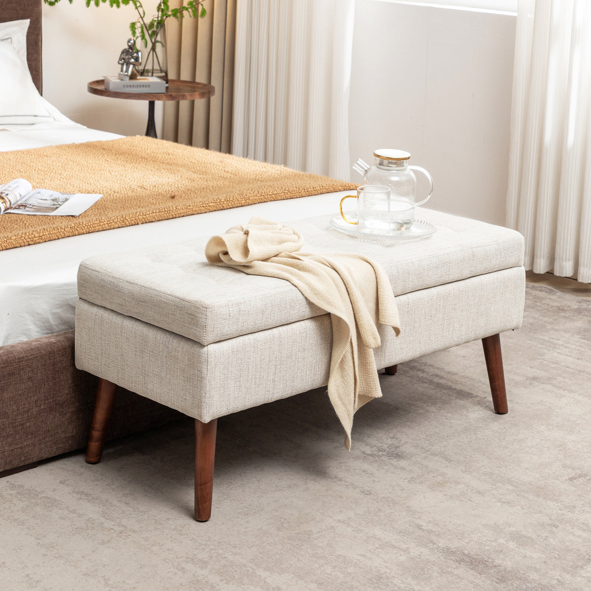 Ivory Upholstered Storage Bench with Wood Legs — view 3
