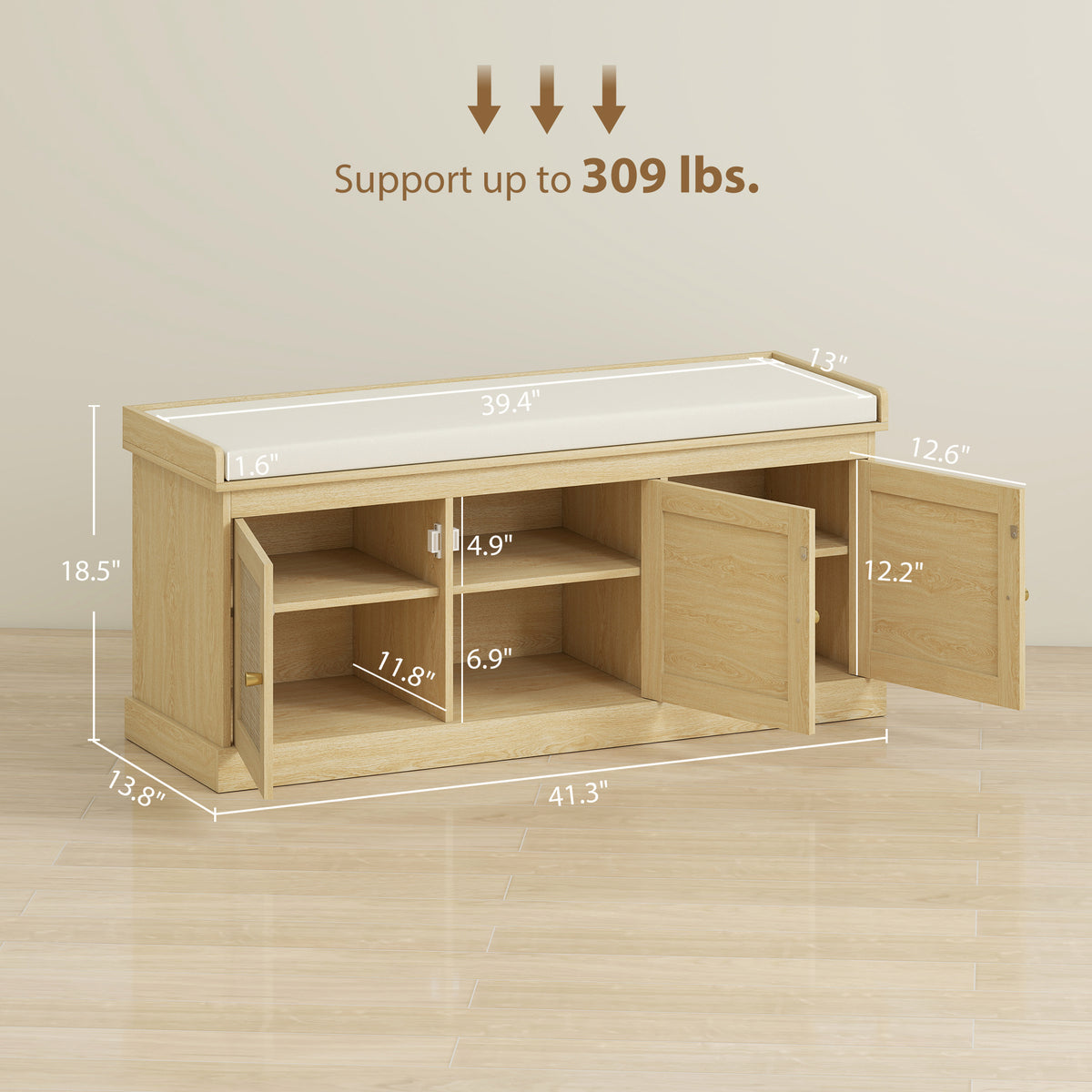 Oak-Tone Shoe Bench with Woven Doors and Cushion — view 5