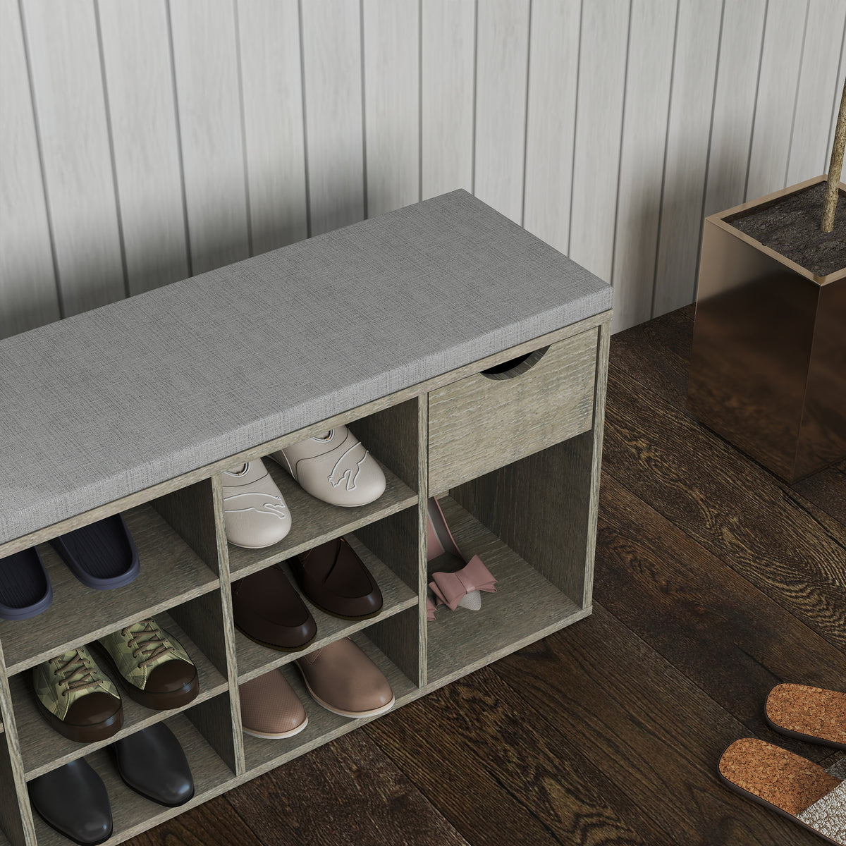 Gray Cushioned Shoe-Cubby Bench with Drawer — view 2