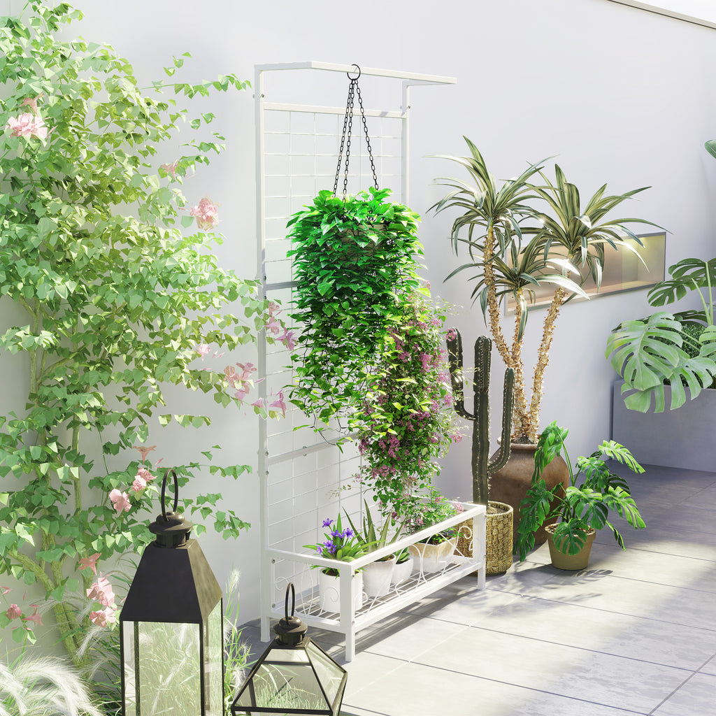 White Steel Plant Stand with Trellis and Hanging Bar — view 5
