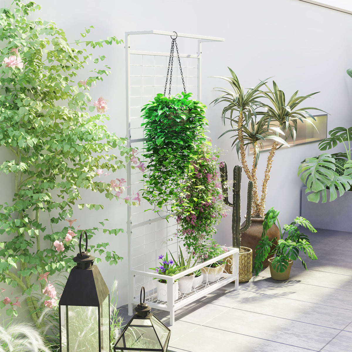 White Steel Plant Stand with Trellis and Hanging Bar — view 5
