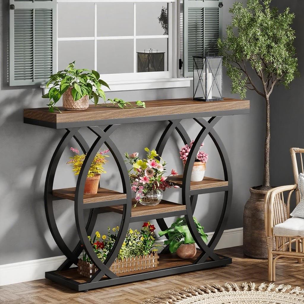 Rustic Four-Tier Entryway Console with Curved Metal Frame — view 2