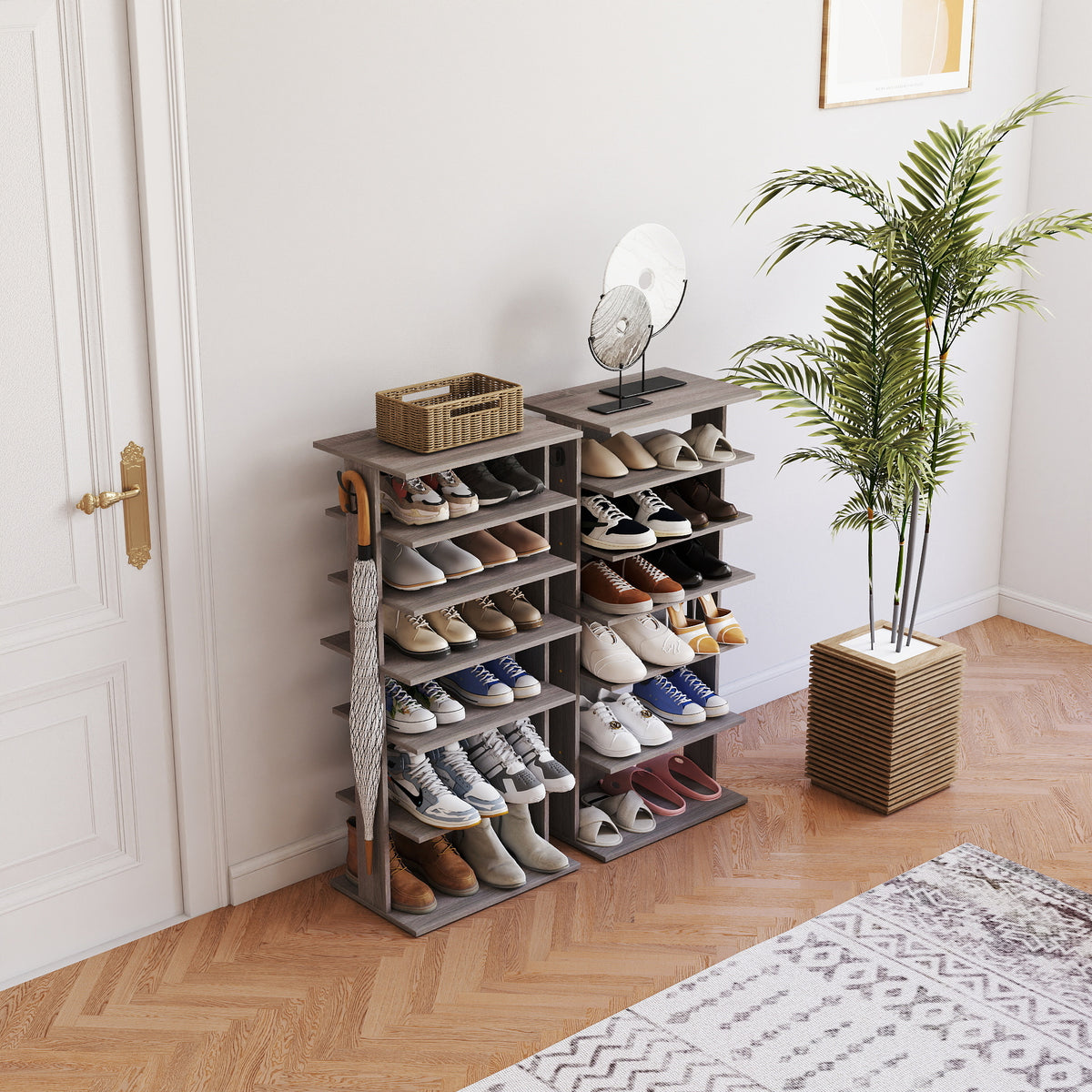 Rustic Gray Seven-Level Shoe Tower with Hooks — view 3