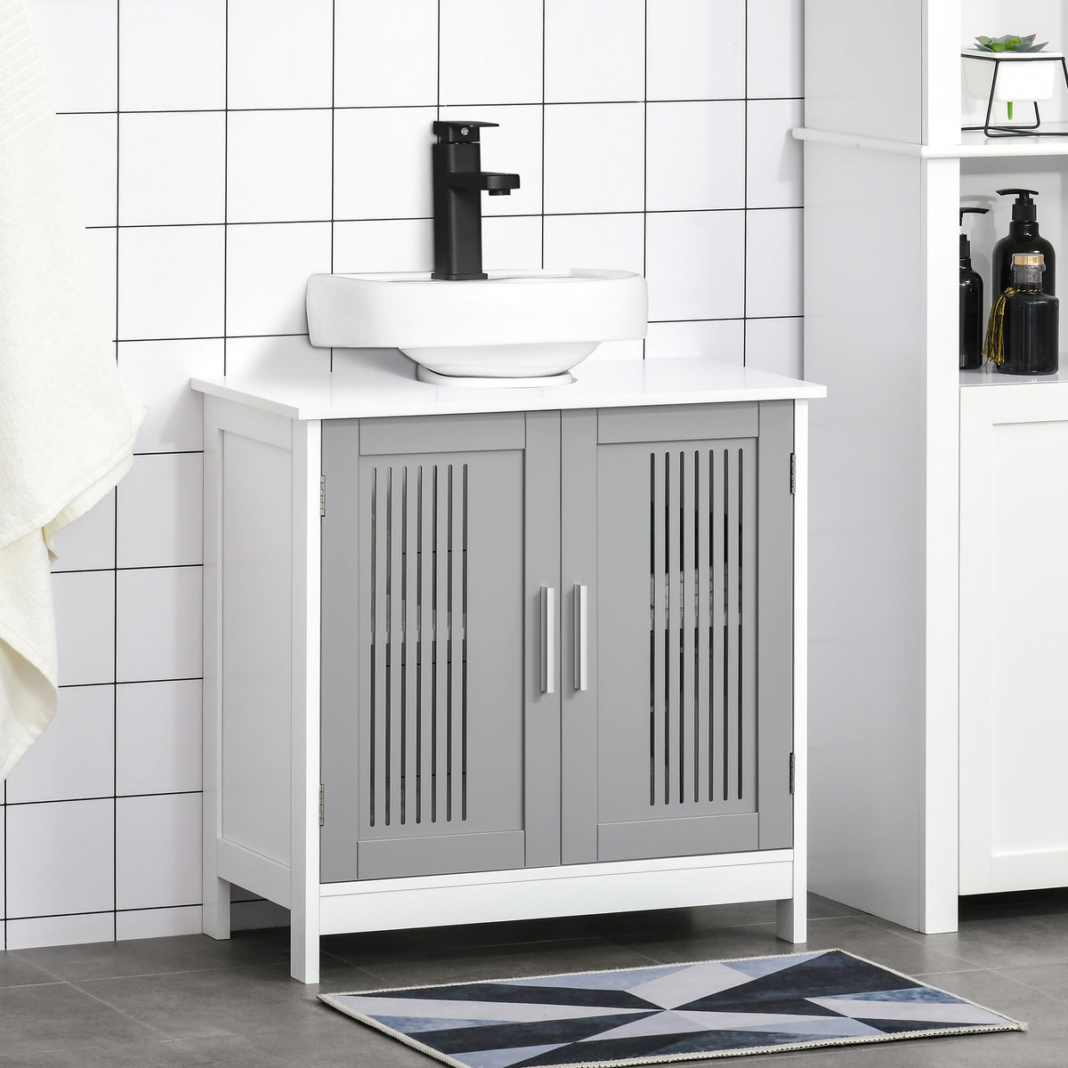 Gray and White Pedestal Sink Storage Cabinet — view 1