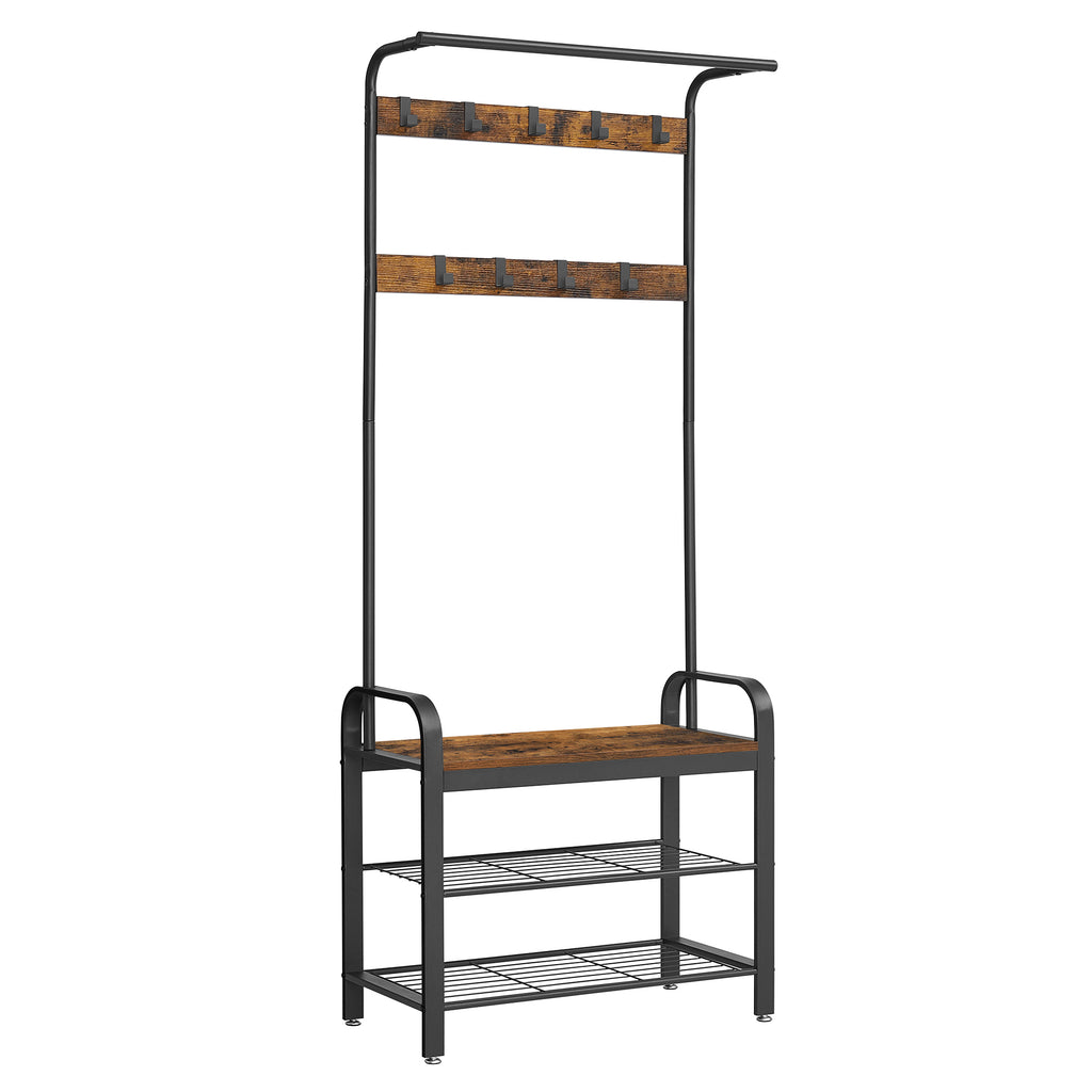 Rustic Brown Hall Tree with Shoe Bench and Nine Hooks — view 1