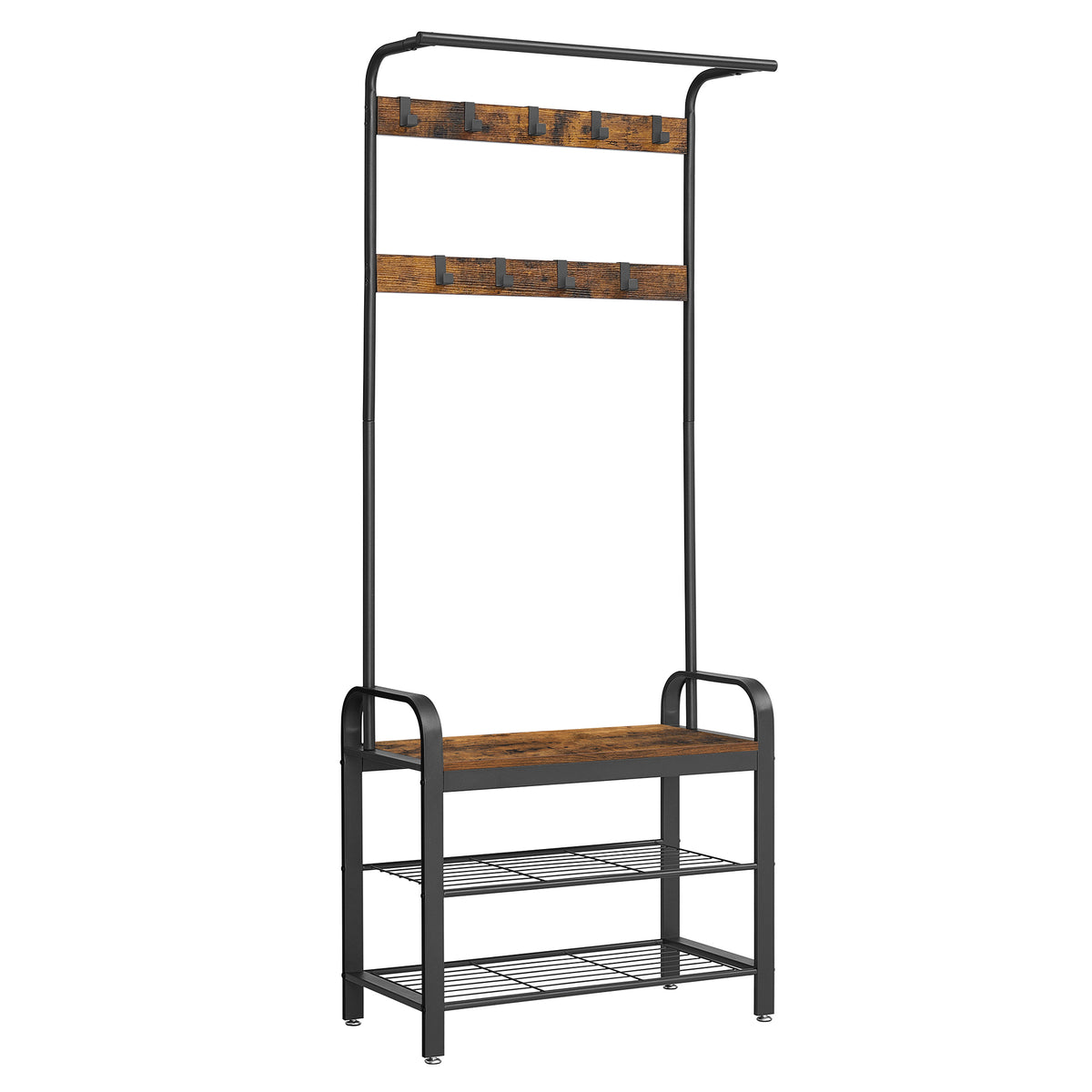 Rustic Brown Hall Tree with Shoe Bench and Nine Hooks — view 1