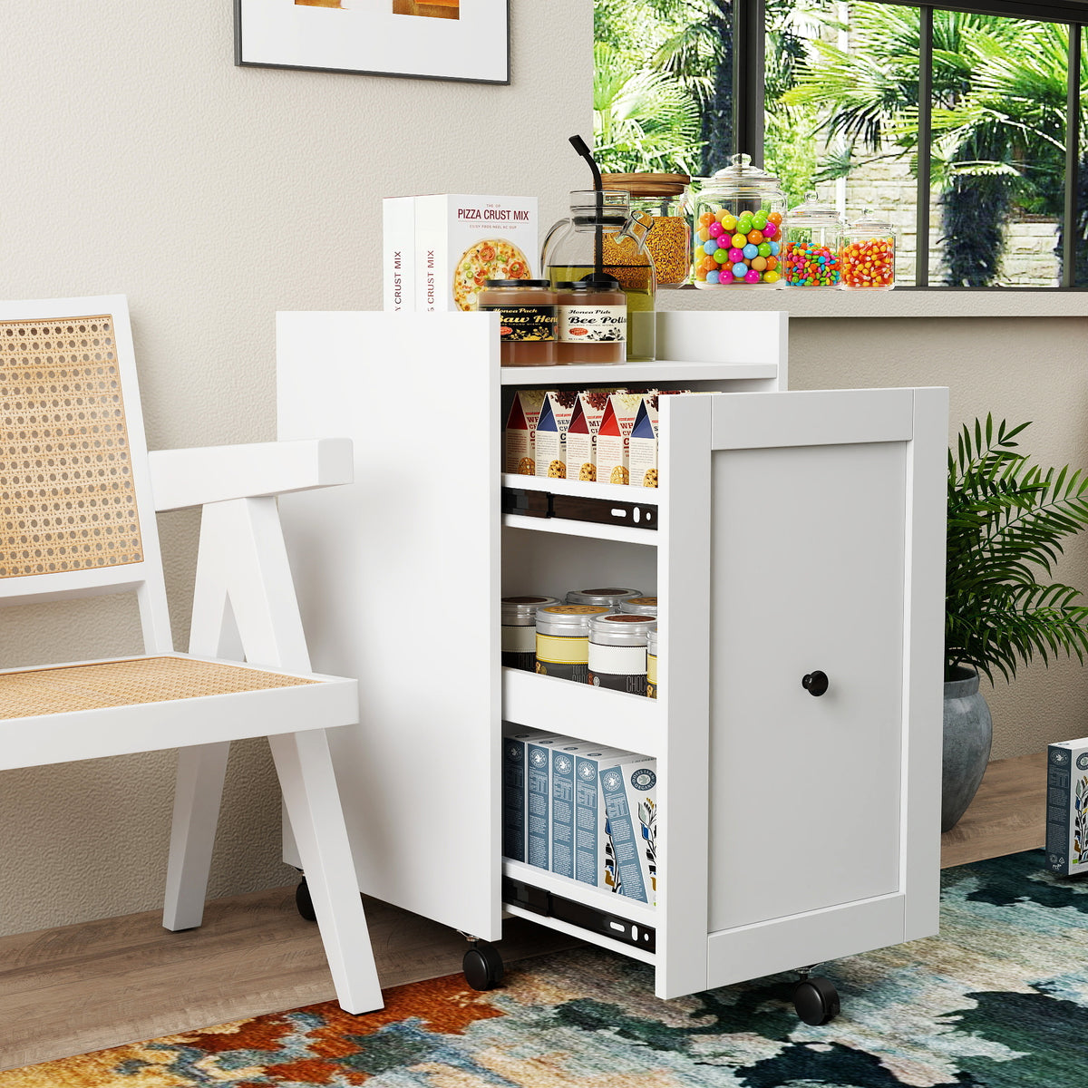 White Rolling Pantry Cabinet with Pull-Out Storage — view 3