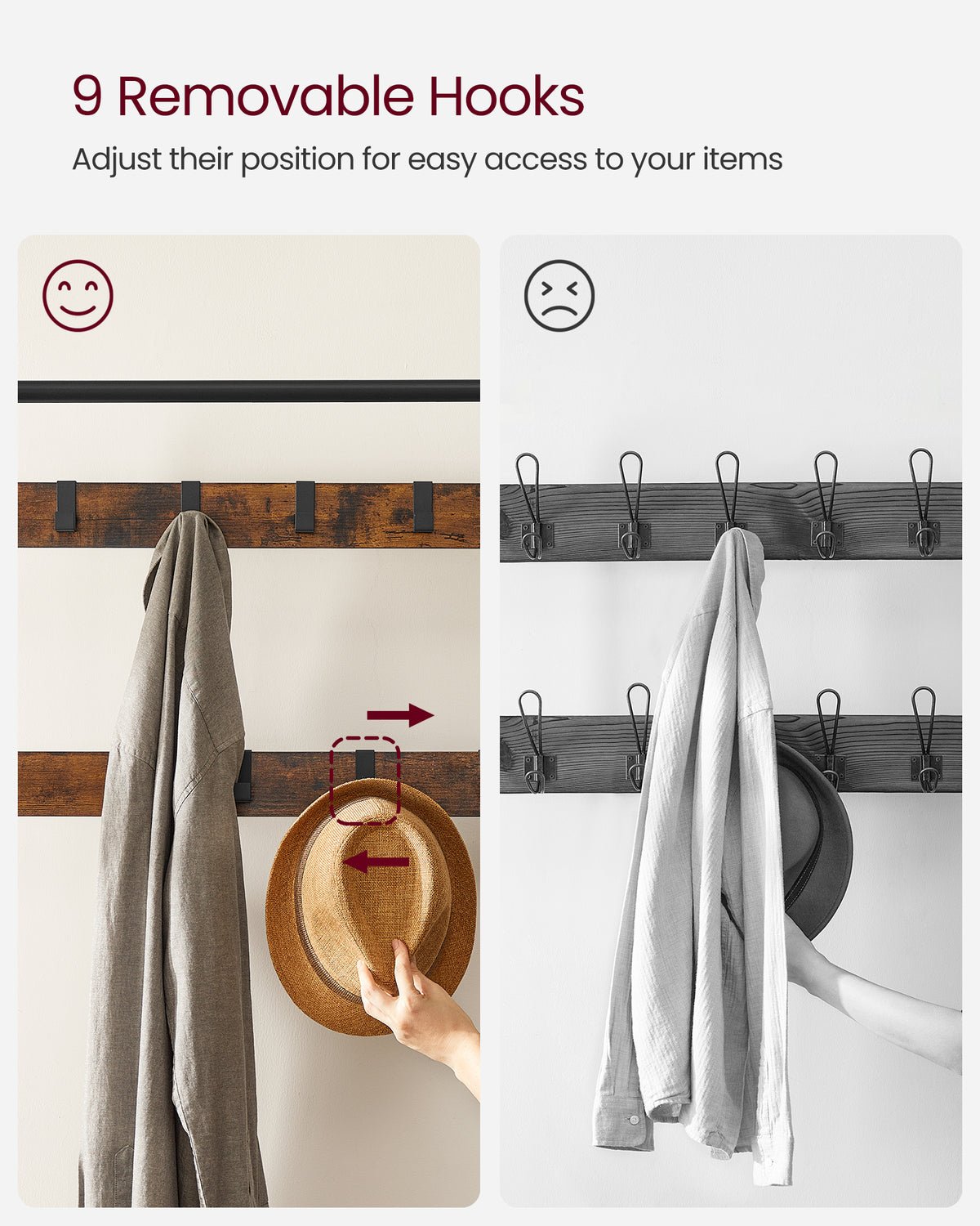 Rustic Brown Hall Tree with Shoe Bench and Nine Hooks — view 5