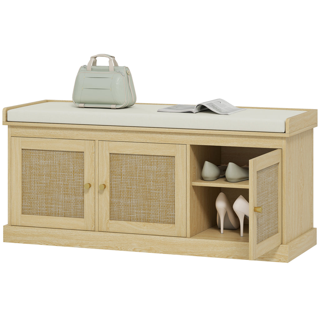 Oak-Tone Shoe Bench with Woven Doors and Cushion — view 3