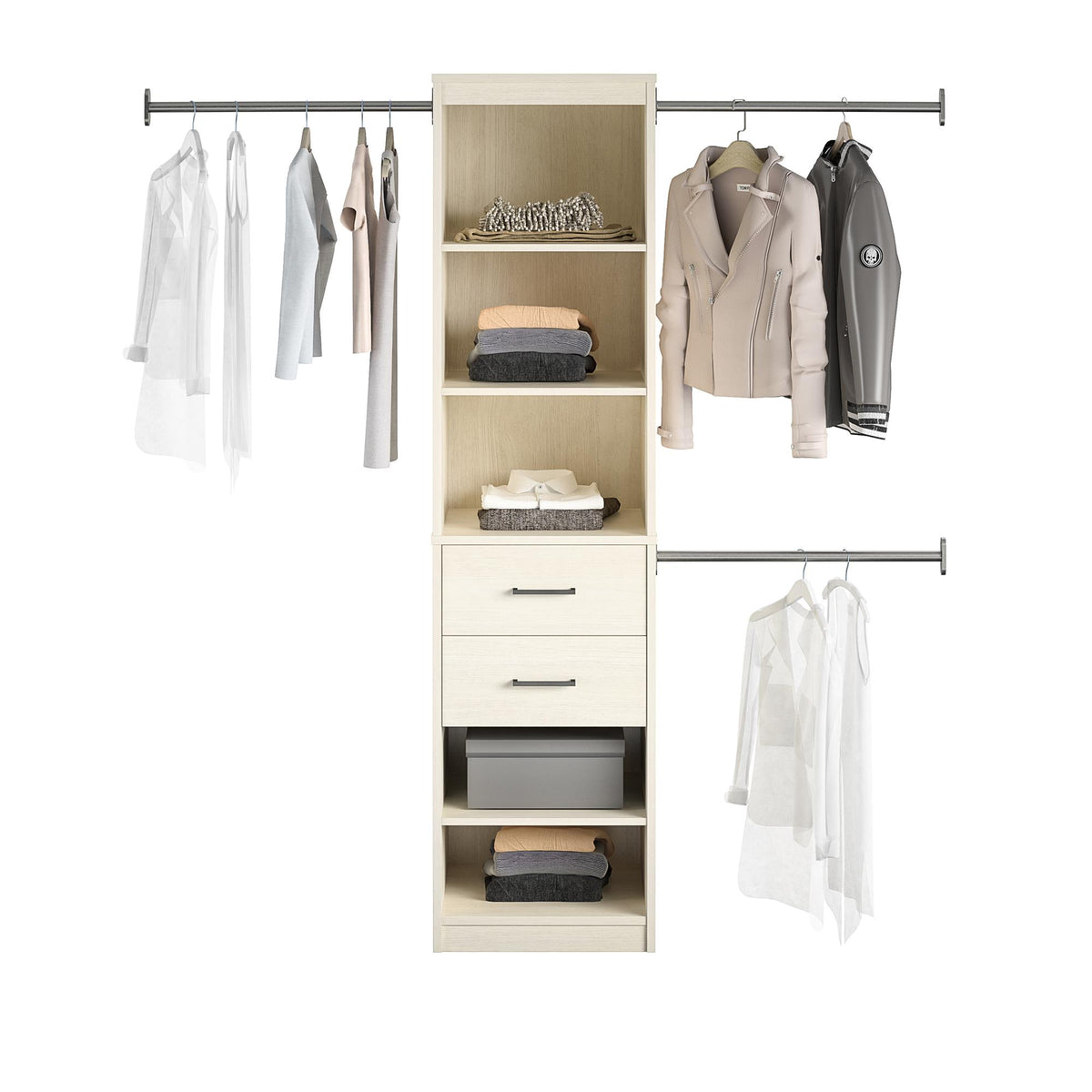 Ivory Closet Tower with Drawers and Adjustable Hanging Rods — view 2