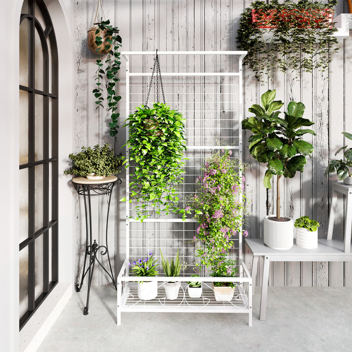 White Steel Plant Stand with Trellis and Hanging Bar — view 8