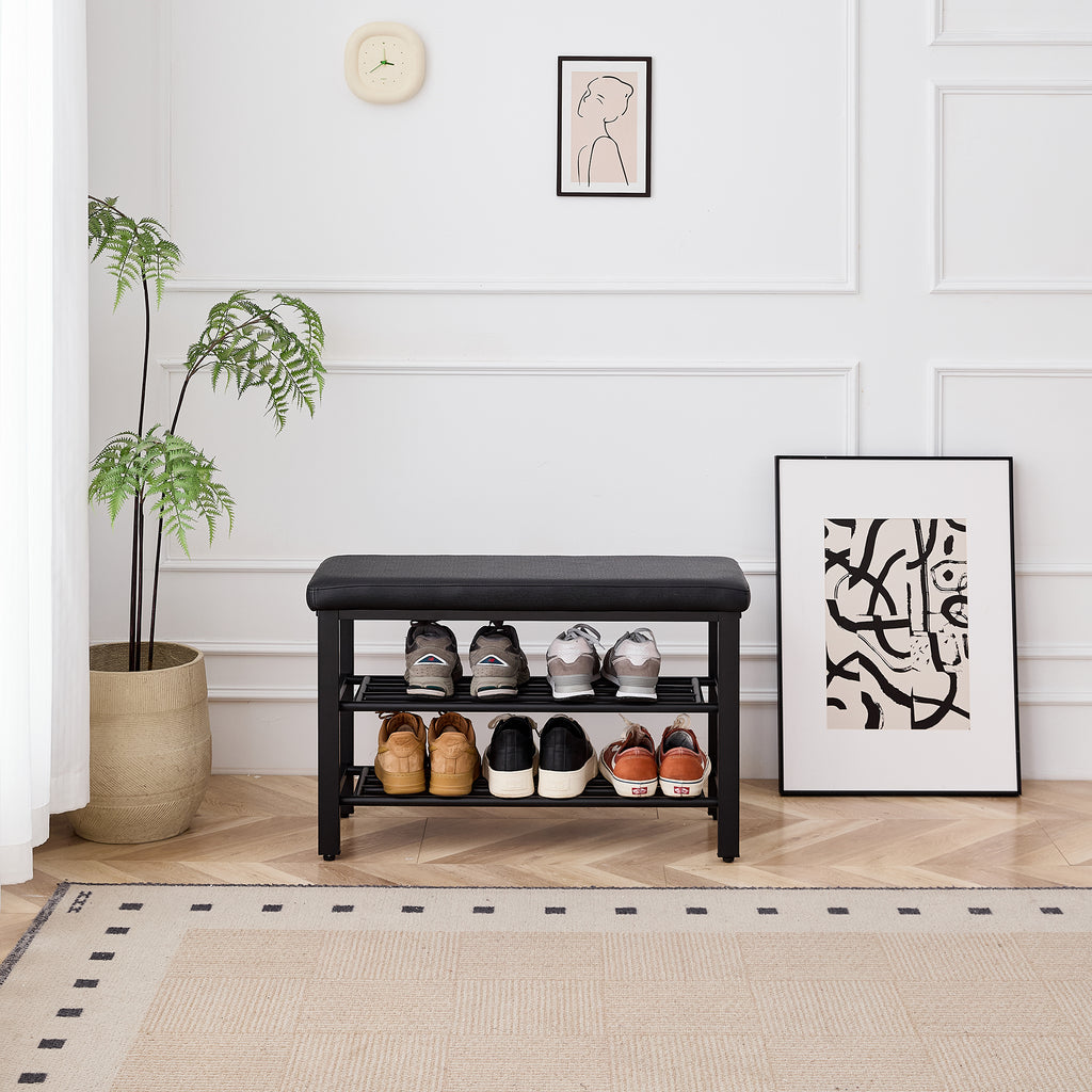 Black Cushioned Shoe Bench with Two Mesh Shelves — view 4