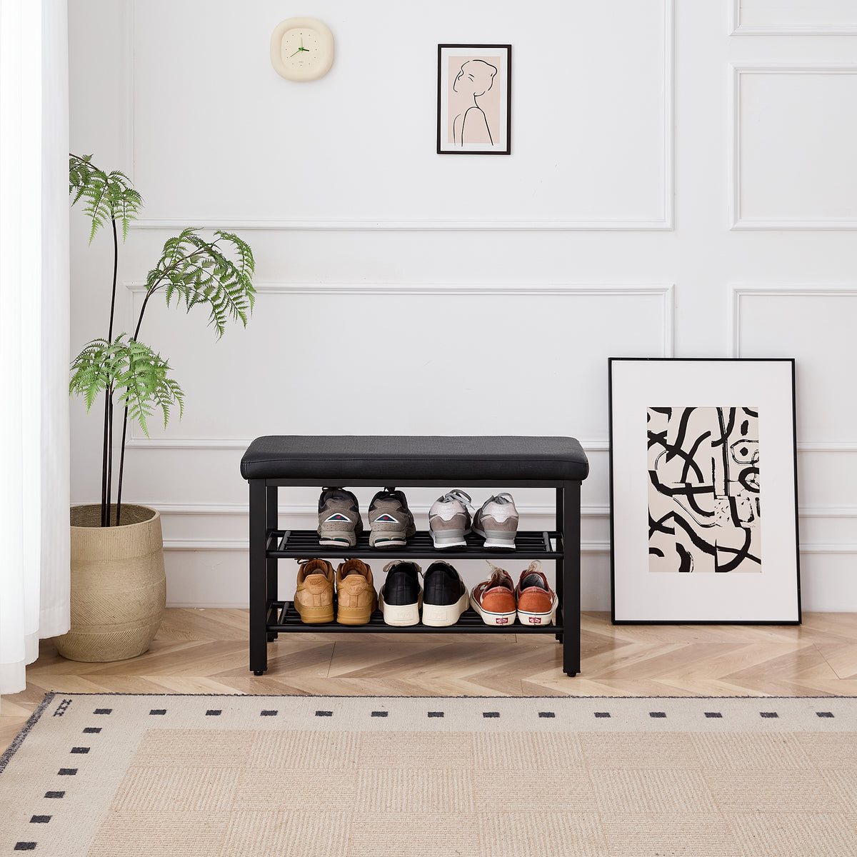 Black Cushioned Shoe Bench with Two Mesh Shelves — view 4