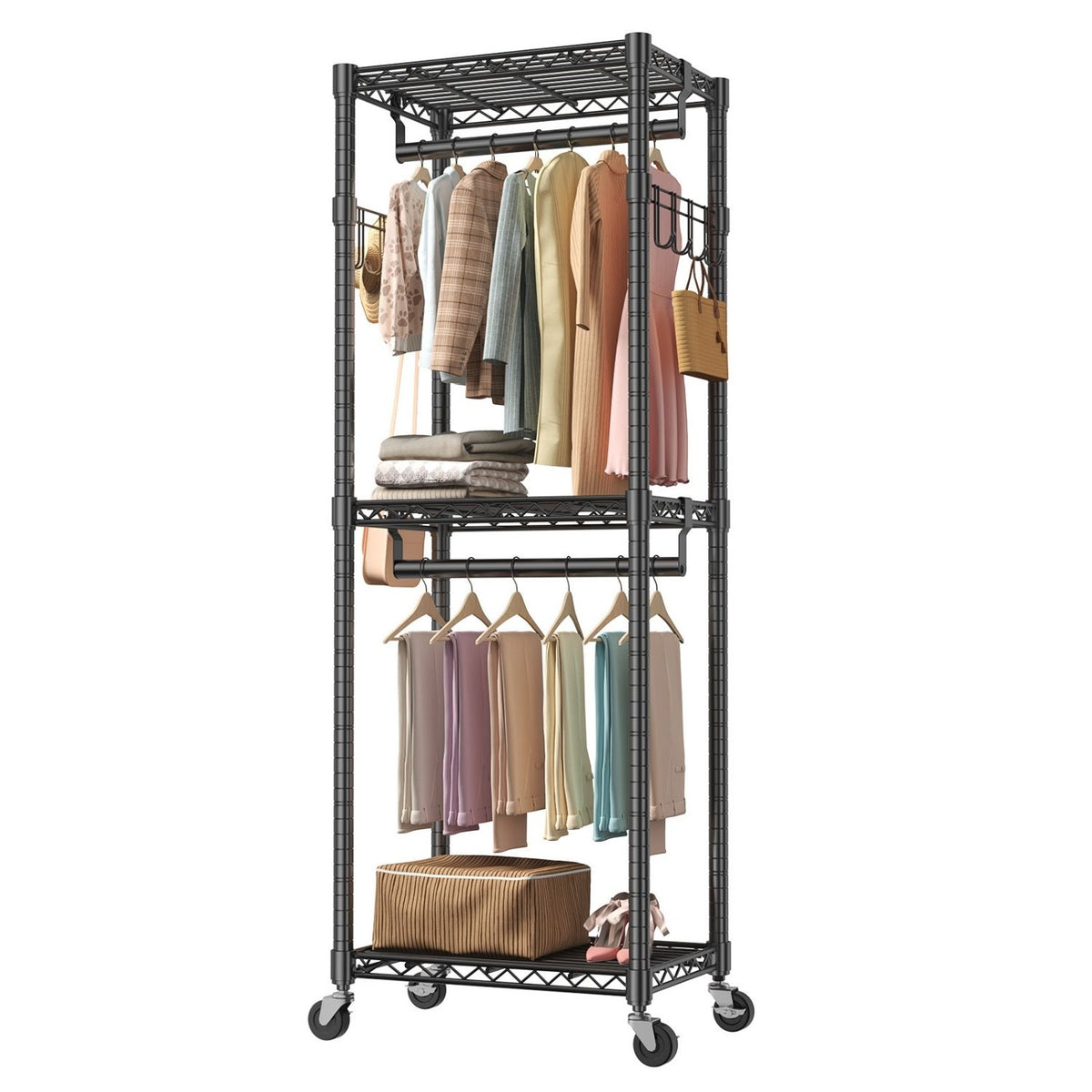 Black Rolling Double-Rod Garment Rack with Shelves — view 1