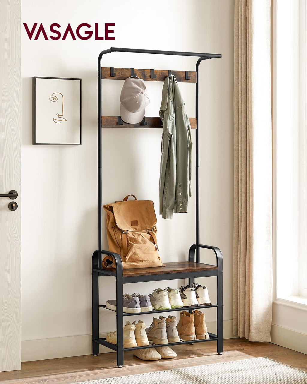 Rustic Brown Hall Tree with Shoe Bench and Nine Hooks — view 2