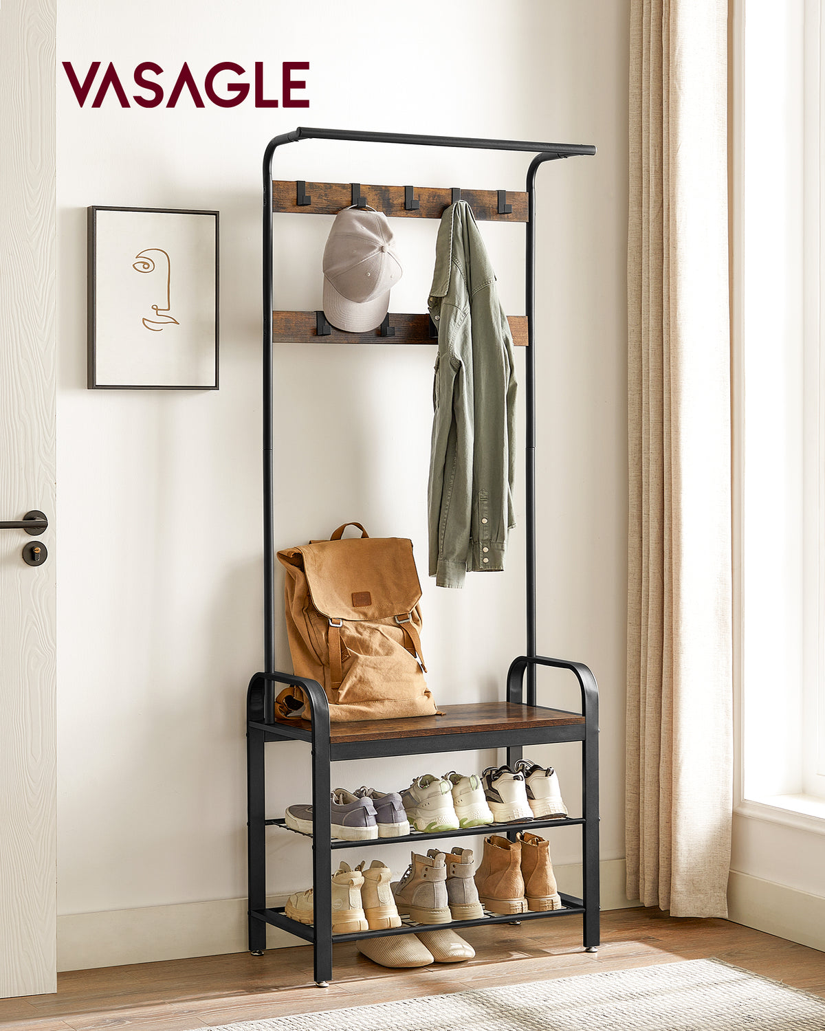 Rustic Brown Hall Tree with Shoe Bench and Nine Hooks — view 2