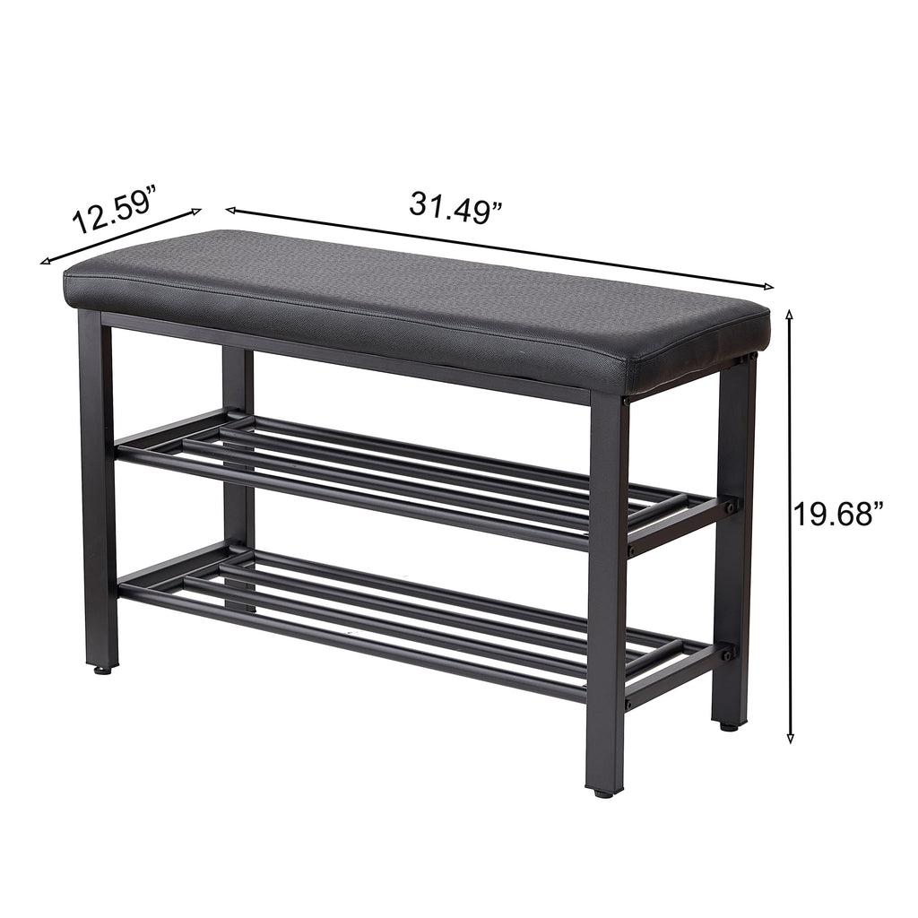 Black Cushioned Shoe Bench with Two Mesh Shelves — view 5