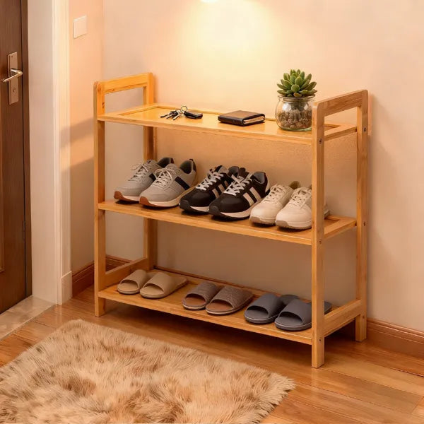 Natural Bamboo Three-Tier Shoe Rack — view 1