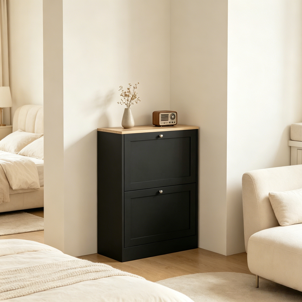 Black and Oak-Look Slim Two-Drawer Shoe Cabinet — view 10