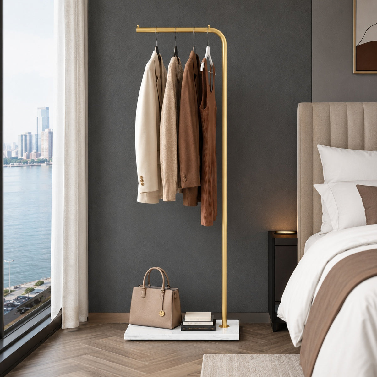 Gold-Tone Slim Garment Stand with White Base — view 3
