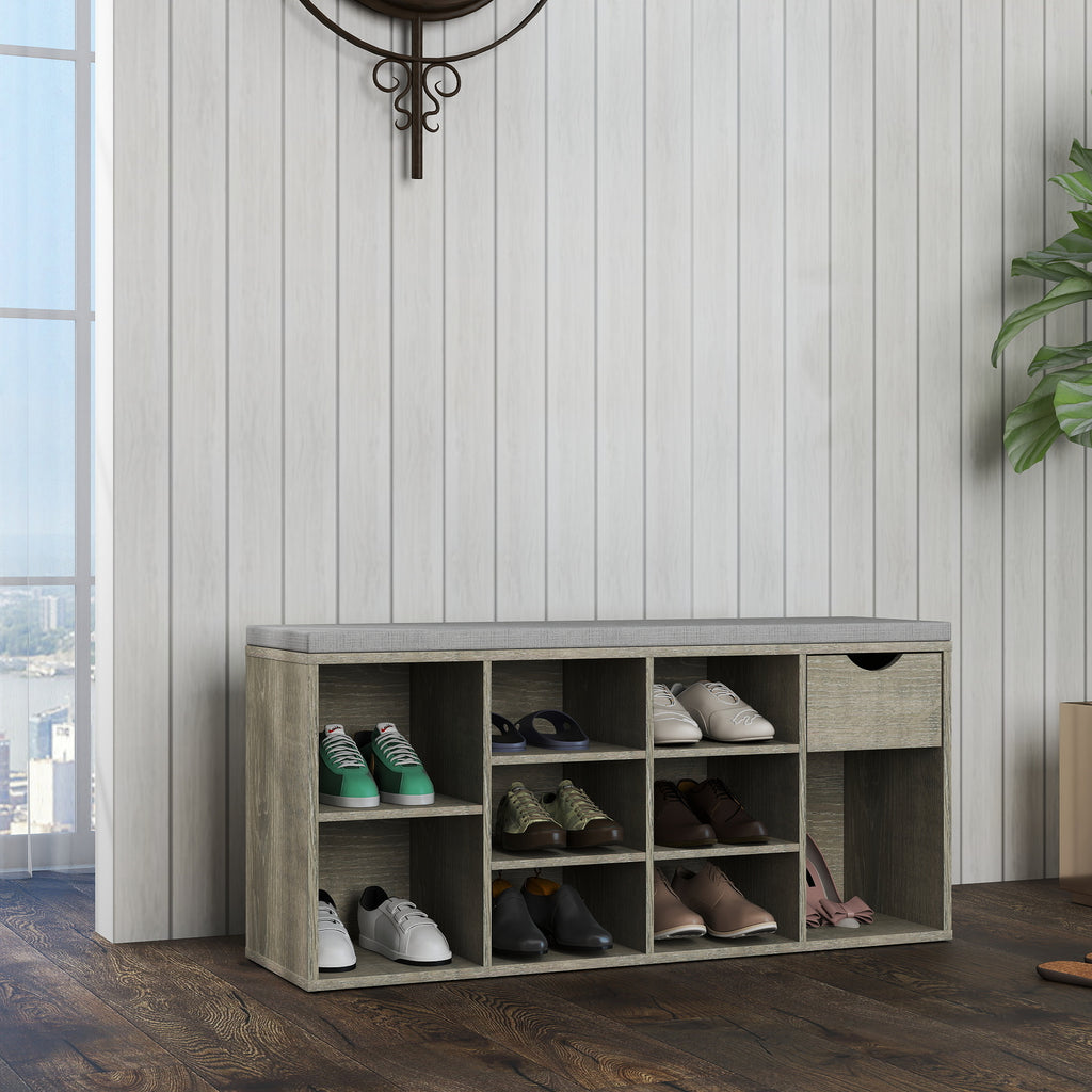 Gray Cushioned Shoe-Cubby Bench with Drawer — view 3