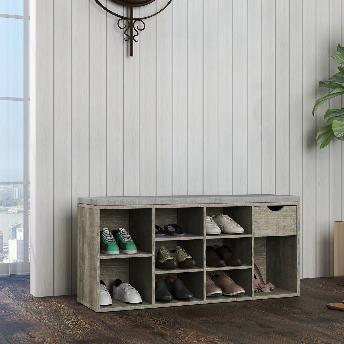 Gray Cushioned Shoe-Cubby Bench with Drawer — view 3