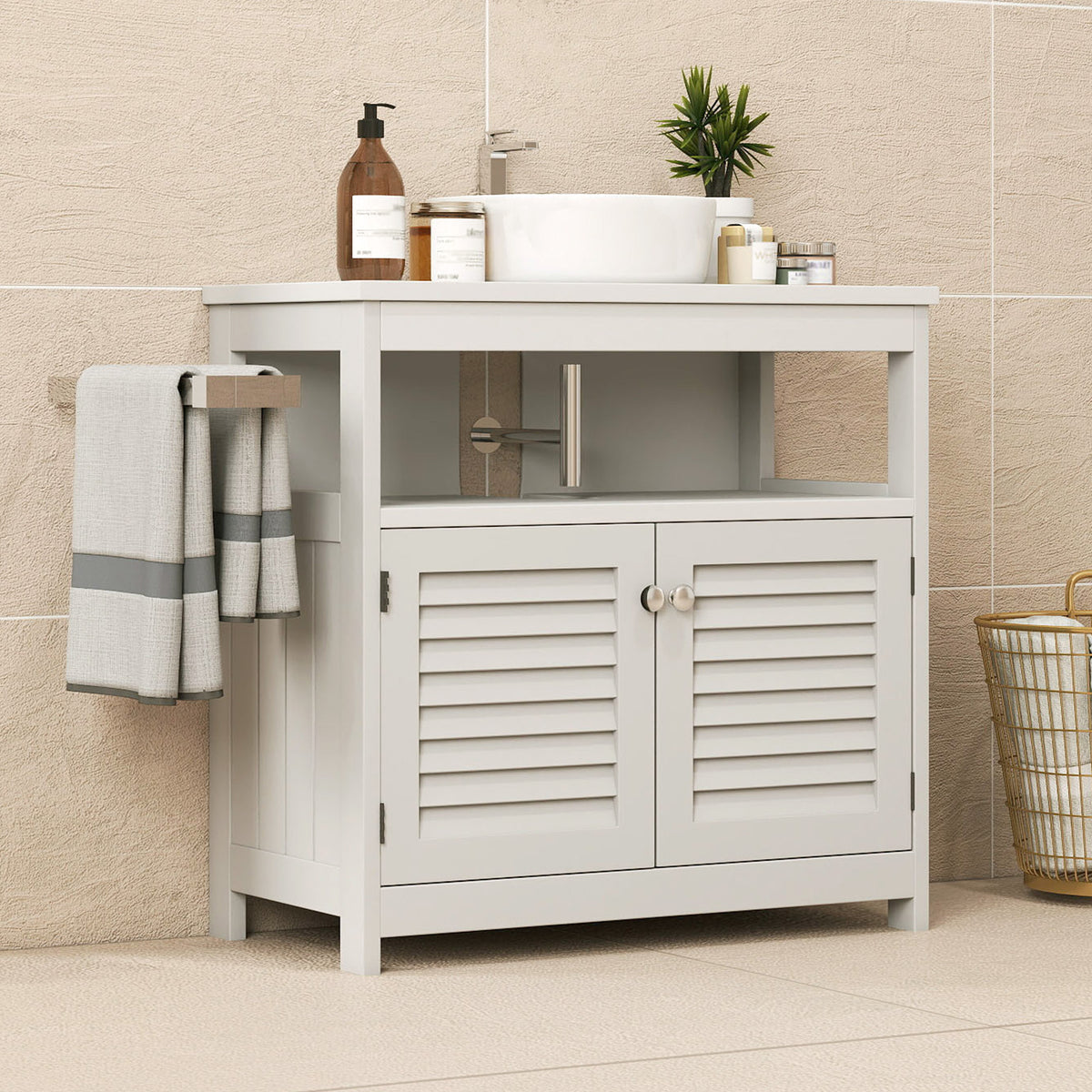White Under-Sink Cabinet with Open Shelf — view 3