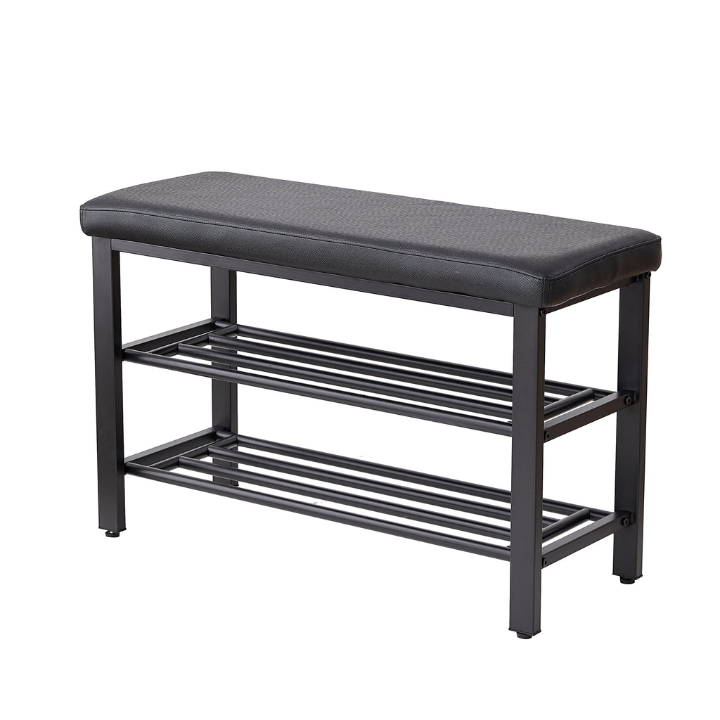 Black Cushioned Shoe Bench with Two Mesh Shelves — view 2
