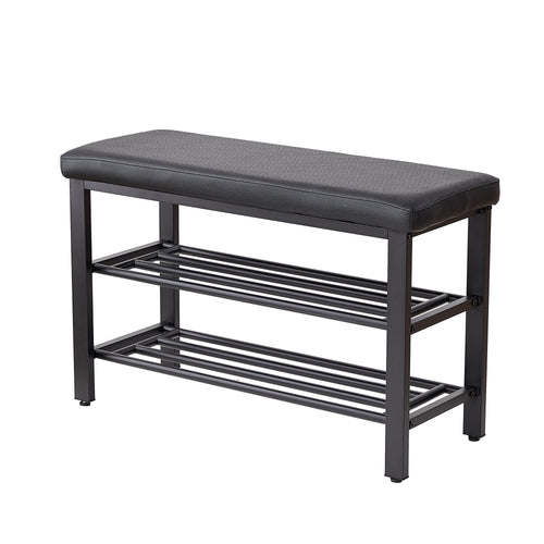 Black Cushioned Shoe Bench with Two Mesh Shelves — view 2