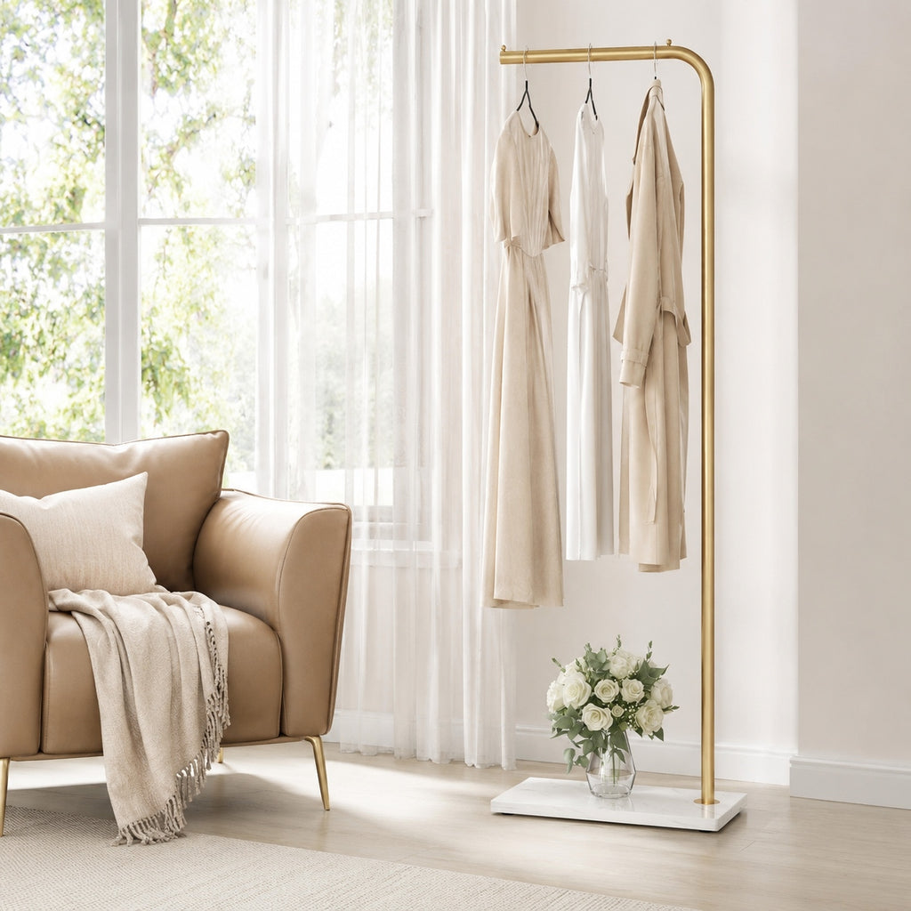 Gold-Tone Slim Garment Stand with White Base — view 2
