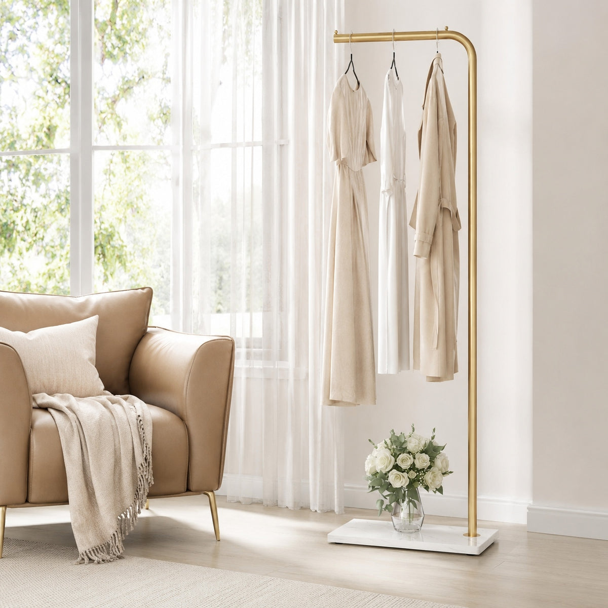 Gold-Tone Slim Garment Stand with White Base — view 2