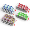 Four clear adjustable refrigerator organizers shown holding beverage cans