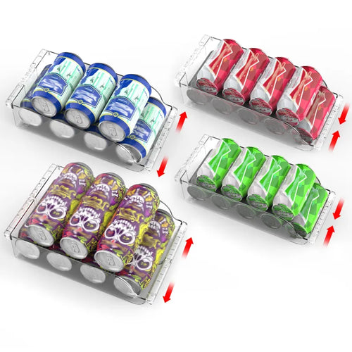 Four clear adjustable refrigerator organizers shown holding beverage cans