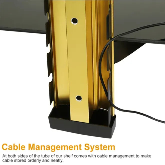Close-up of the gold-tone wall shelf mount with side cable routing