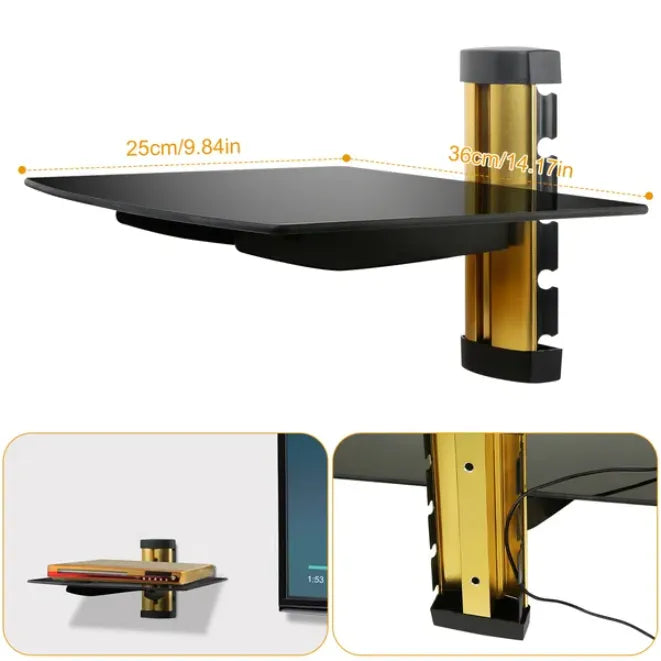 Black glass wall shelf measuring 36 by 25 cm, with gold-tone mount and mounting details