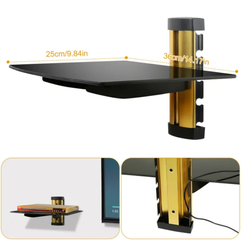 Black glass wall shelf with a gold-tone vertical mount