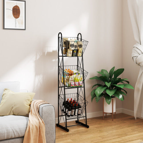 Black freestanding metal storage tower with three open wire baskets