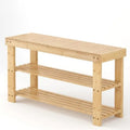 Natural bamboo shoe bench with a slatted top and two open shoe shelves