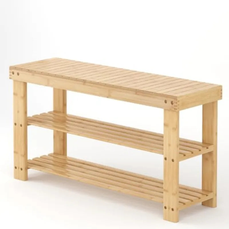 Natural bamboo shoe bench with a slatted top and two open shoe shelves