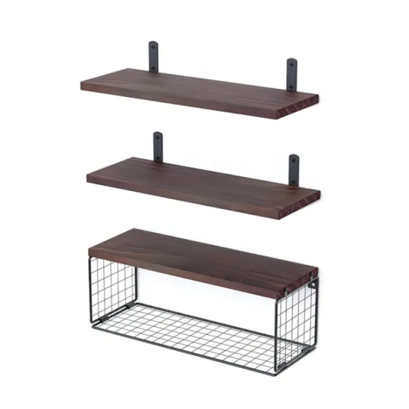 Three rustic brown wall shelves, including one with a black wire storage basket